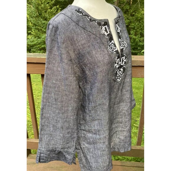JM Collection Linen Tunic L Black White Embroidered 3/4 Sleeve Resort Boho - Picture 5 of 10